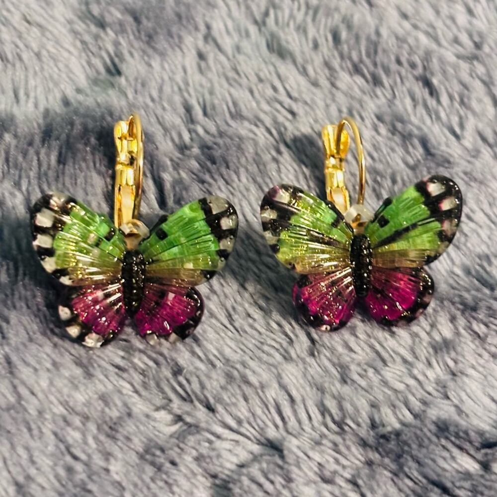 Crystal Collection Butterfly Earrings - Green and Pink